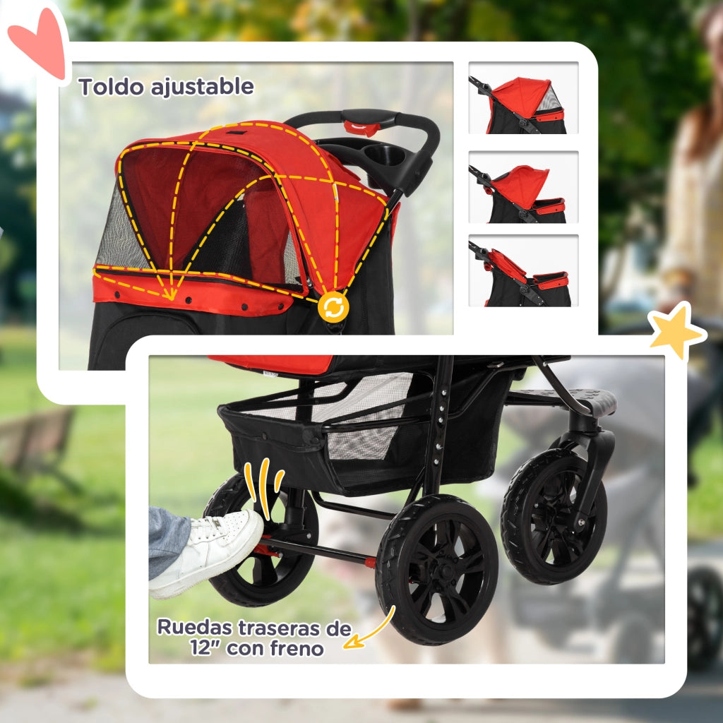 Passeggino per Cani a 3 Ruote ¨C Xylo ¨C con Finestre in Rete, Cestino Portaoggetti e Cinture di Sicurezza, 109,5x57,5x106,5 cm, Rosso