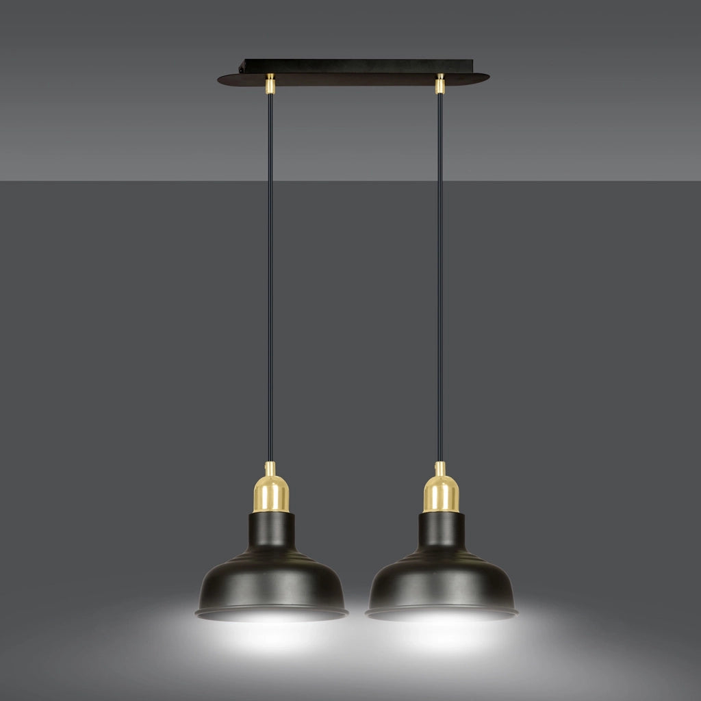 Lampadario Industrial 2 Luci Kubera In Acciaio Nero Con Elementi In Oro