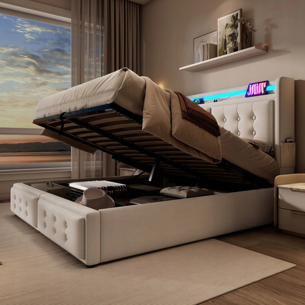 Letto imbottito 160x200 - Xylo - Beige con funzione di ricarica USB-C