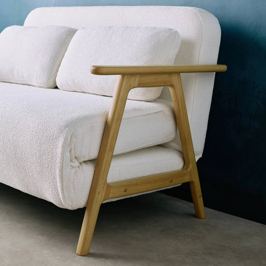 Divano letto convertibile in legno di hevea e bouclé testurizzato, 2