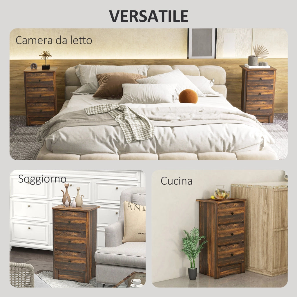 Comodino 3 Cassetti ¨C Xylo ¨C Legno Marrone Rustico 40x30x74 cm