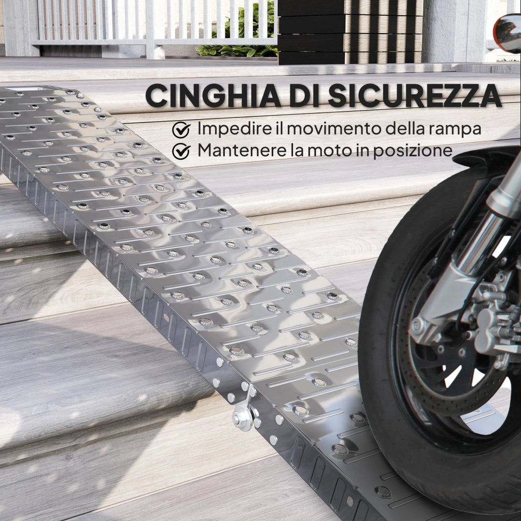 Rampa di Carico Pieghevole e Antiscivolo per Moto con Cinghia di Sicurezza in Acciaio Argento