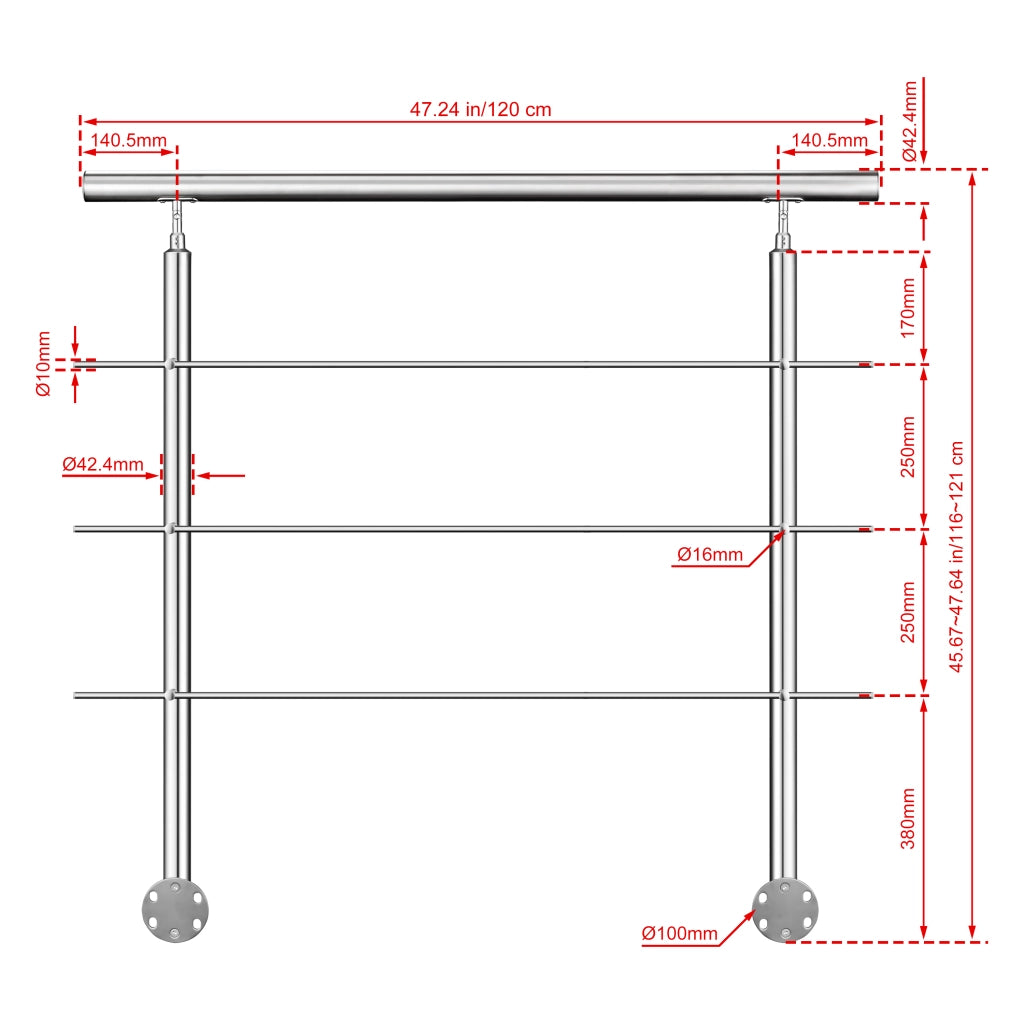Ringhiera Balaustra Corrimano in acciaio inox 304 spazzolato per scale 120 cm, 3 barre trasversali, fissaggio laterale, per interni ed esterni