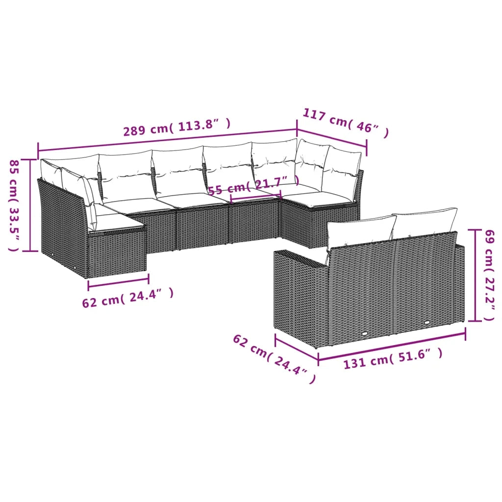 Set Divani da Giardino 9 pz con Cuscini Nero in Polyrattan 3251752