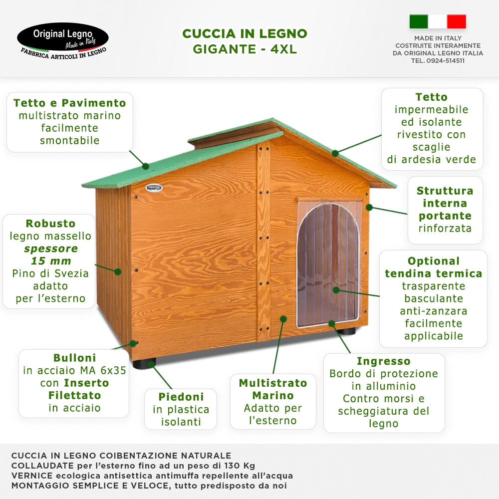 CUCCIA IN LEGNO DA ESTERNO MODELLO 4XL GIGANTE E DAVANZALE CON "TENDINA OMAGGIO" L. 150x P.190 x H.115