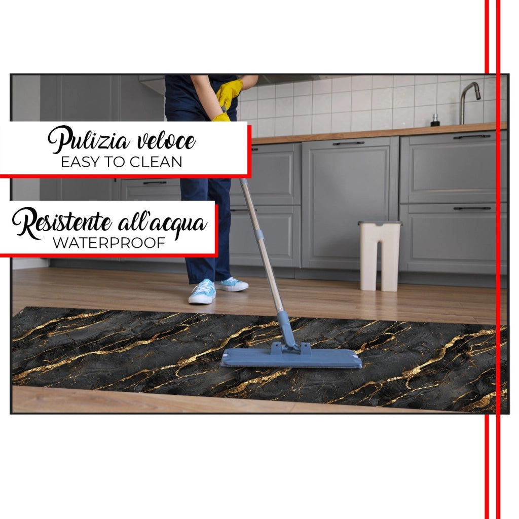 Tappeto Cucina Pvc Stampato Risoluzione HD Antimacchia Antiscivolo Marmo Scuro Venato Oro - 51x300 Cm