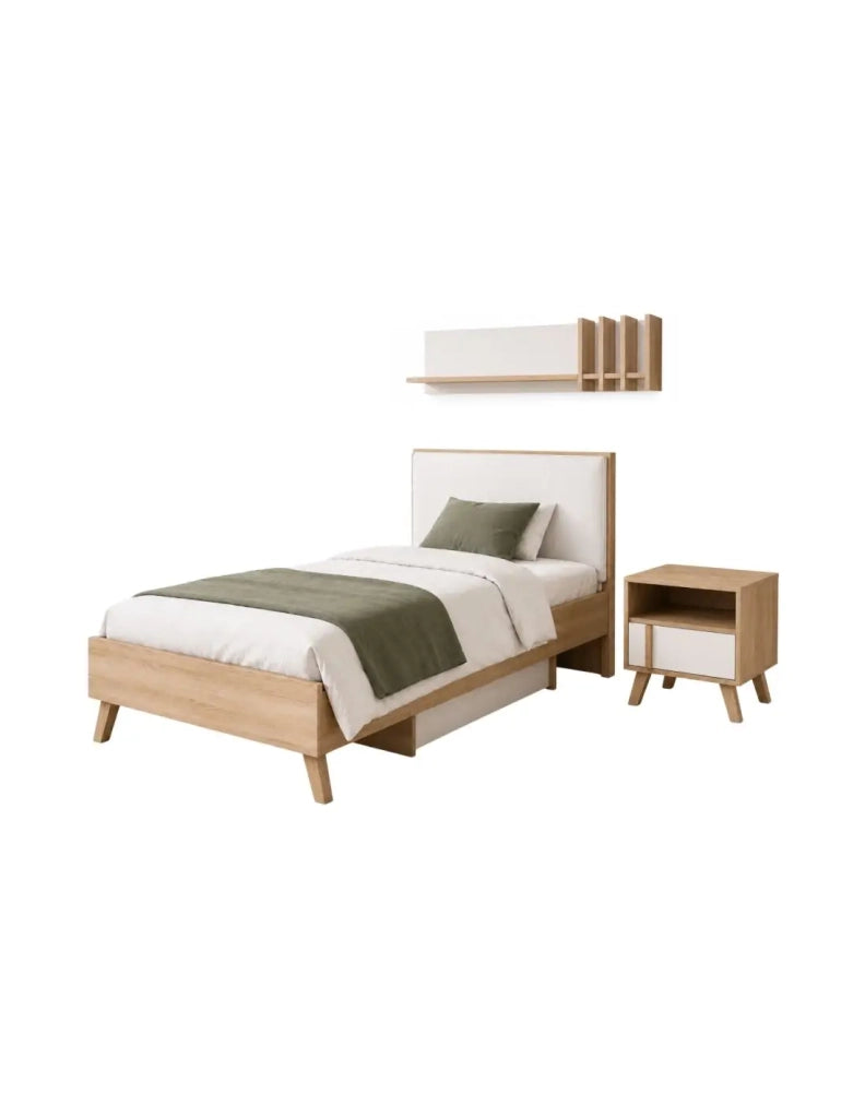 Set camera da letto per bambini MALMO con letto 90x200, comodino e scaffale – Rovere chiaro e bianco