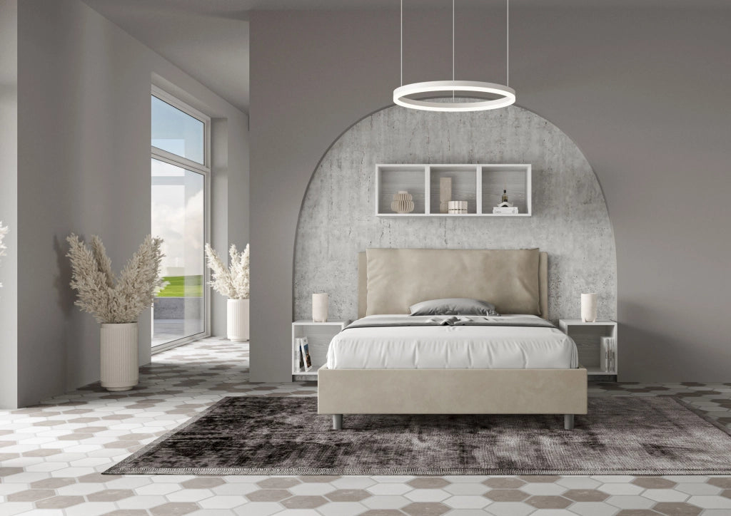 BS COM Letto matrimoniale francese senza rete imbottito 140x190 microfibra sabbia Large