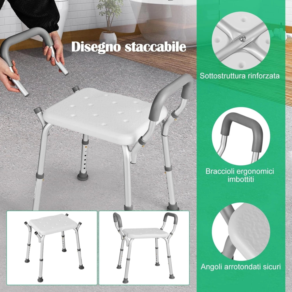 Sgabello Doccia Anziani 59 x 43 x 67cm, Sedia per Doccia Regolabile in 6 Altezze con Braccioli Imbottiti Staccabili e Piedini in Gomma Antiscivolo, Capacità di Peso 100 kg (Grigio)