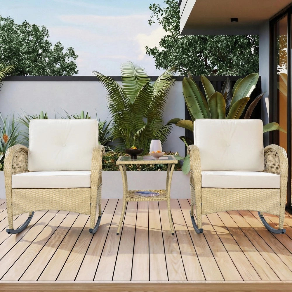 Set da balcone in rattan - Zephmum- 3 pezzi con dondolo e cuscini beige, portata 160 kg
