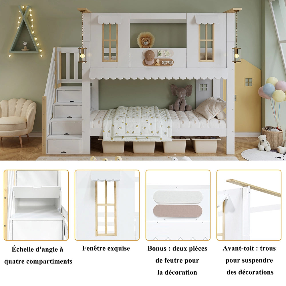 Letto a castello decorabile - Xylo - 90x200cm bianco/naturale, finestre