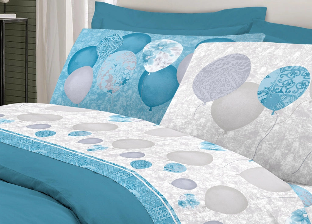 Completo Lenzuola Letto Pensieri Delicati 100% Cotone Dis. Palloncini - Piazza E Mezza - Azzurro