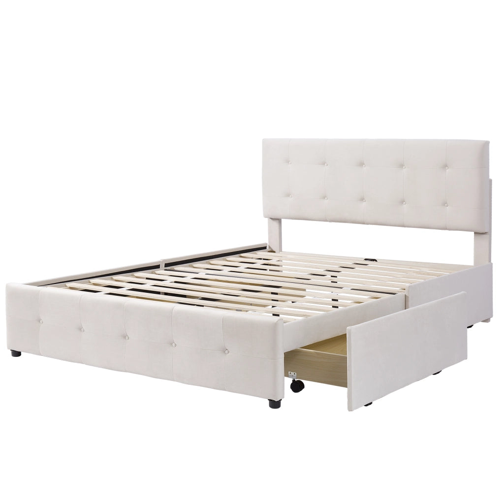 Letto matrimoniale imbottito; 140x200cm; cassetti Testiera Pelle Friendly; Beige