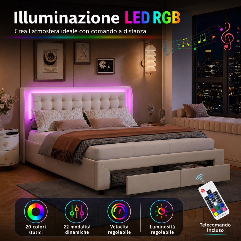 Letto matrimoniale contenitore idraulico 140x190 cm, imbottito velluto beige, testiera LED RGB telecomandata, 2 cassetti, 350kg