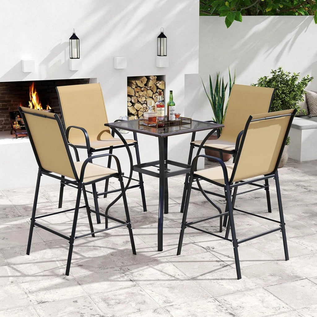 Set di 2 sgabelli da bar esterni, seggiolone con schienale e braccioli, sedia da bistrot in tessuto di carico 150 kg, per giardino, balcone, terrazza, 62 x 76 x 130 cm, beige