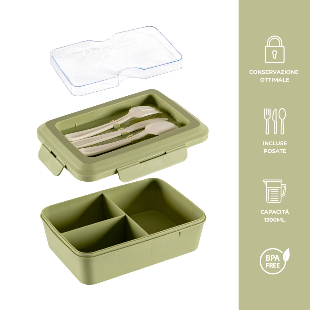 Set 2 Pezzi Lunch Box Porta Pranzo 1300 ml con 3 Posate, Contenitore Ermetico Per Alimenti BPA Free, Utilizzabile in Microonde e Lavastoviglie, Porta Pranzo con 3 Scomparti Verde