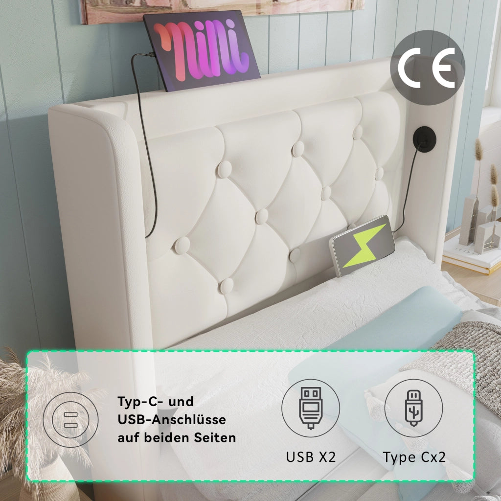 LETTO imbottito 90x200 cm in PU bianco con USB, Type-C e LED 3 lati