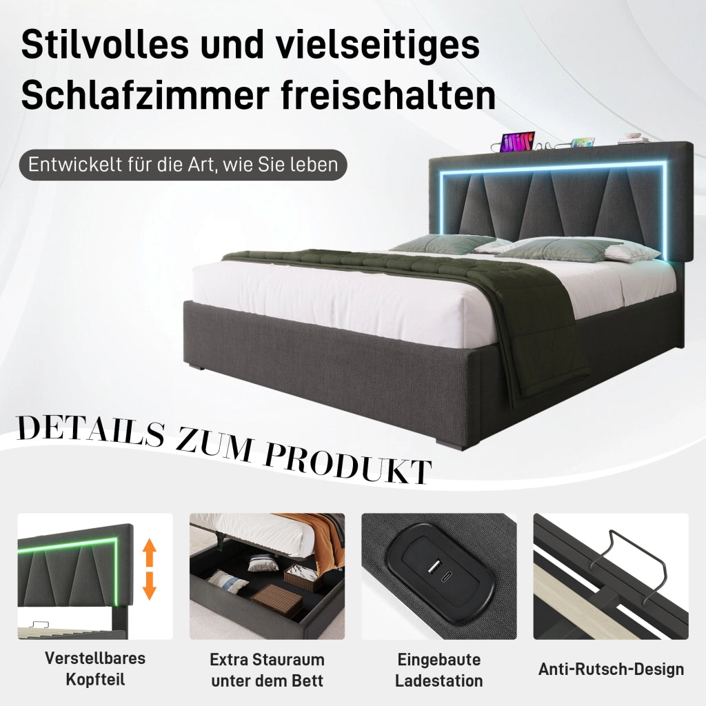 LETTO imbottito 140x200 cm in lino grigio con LED e USB Type-C