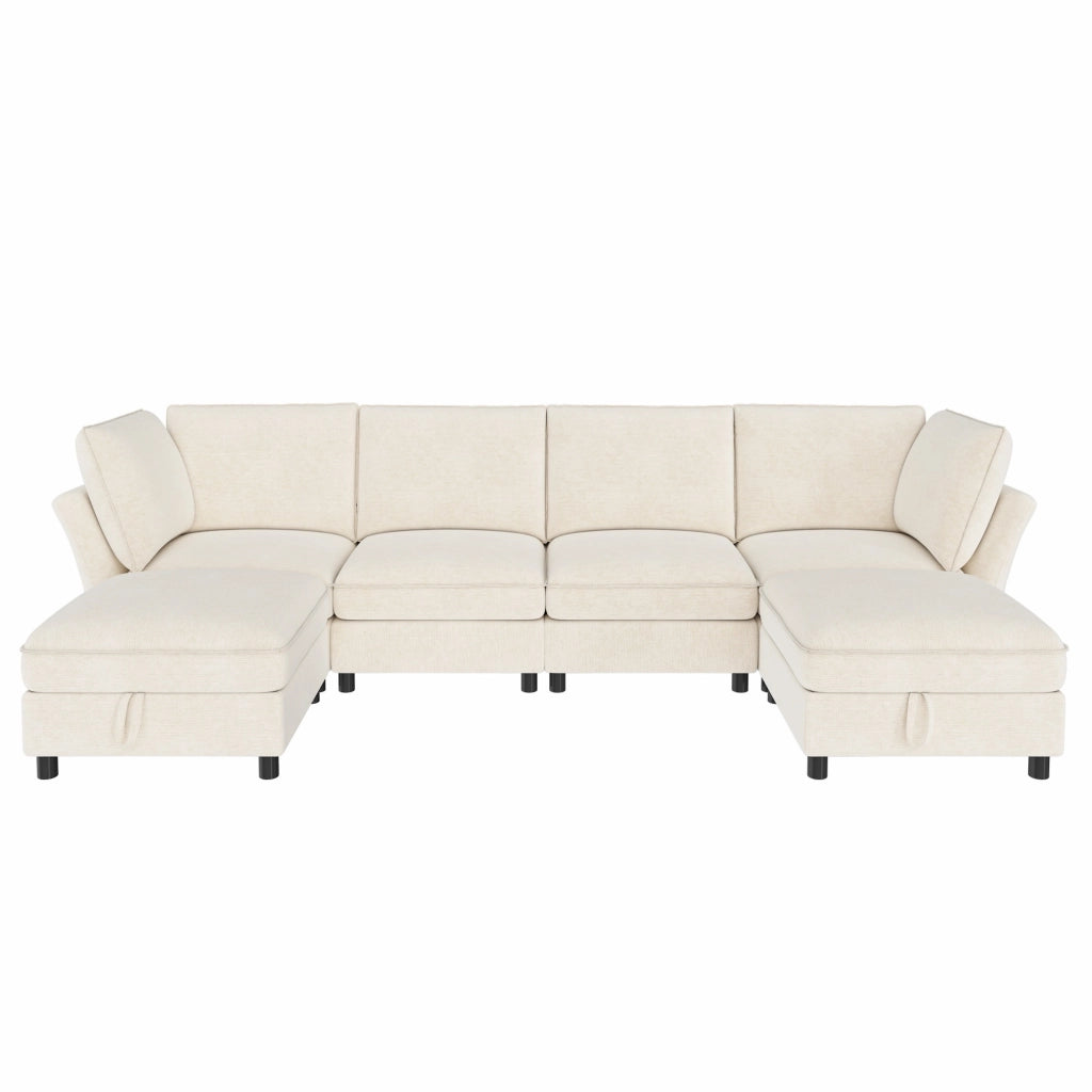 Divano Angolare Modulare 6 Posti con Contenitore e 2 Pouf, Chenille Beige, 289 × 137 × 84 cm
