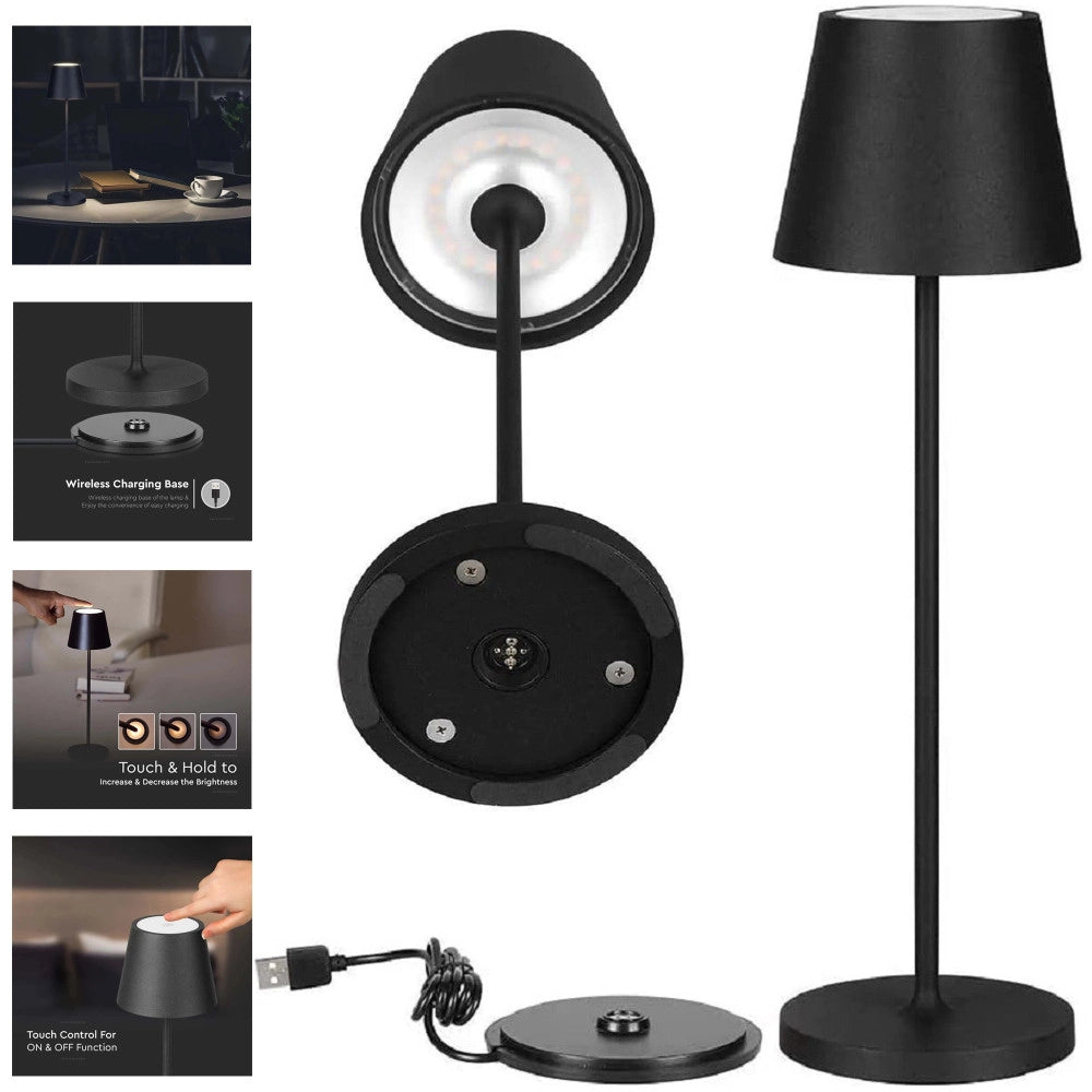 Trade Shop - Lampada Da Tavolo Led Dimmerabile Touch Nera Wireless Luce Bianca Calda 3000k 2w -