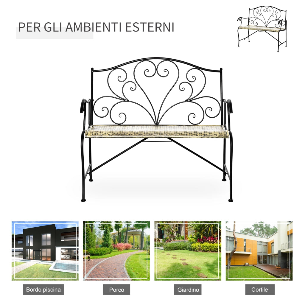 Panchina da Giardino in Ferro Stile Vintage 2 Posti Nero