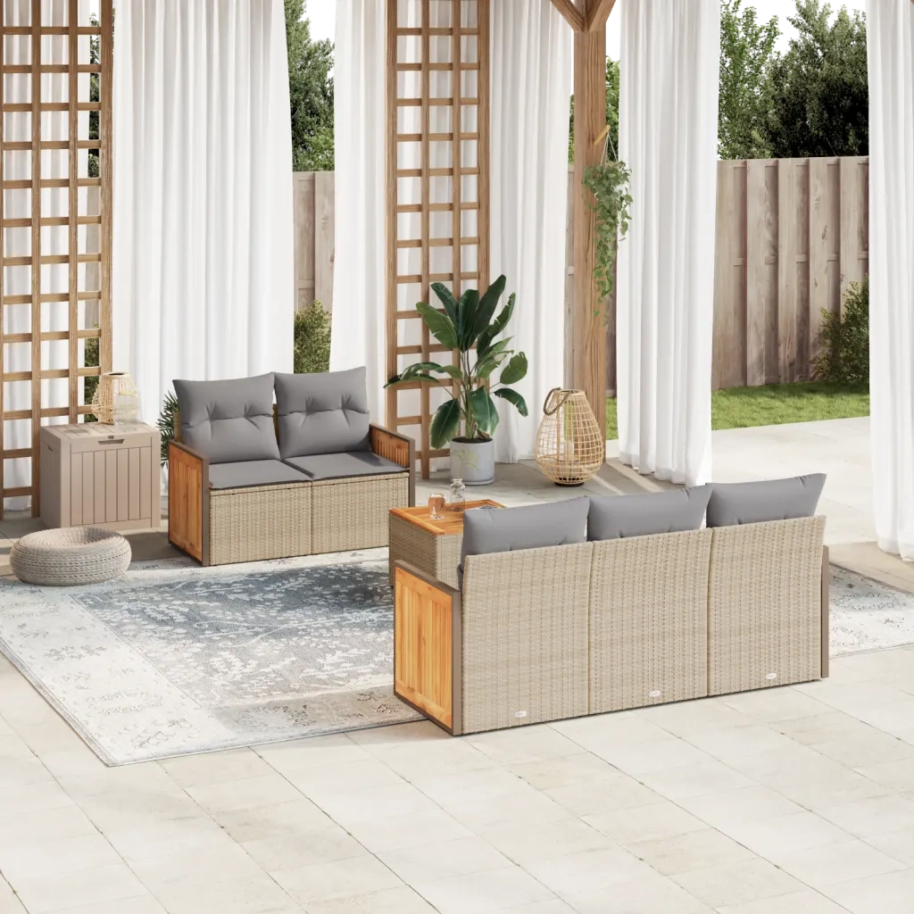 Set Divano da Giardino 6 pz con Cuscini Beige in Polyrattan