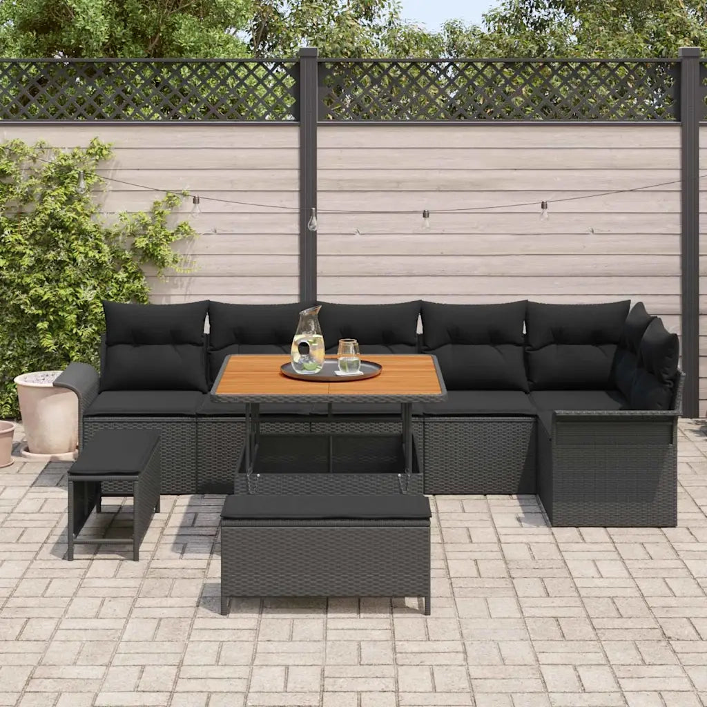 Set Divano da Giardino con cuscino 9 pcs Nero polyrattan