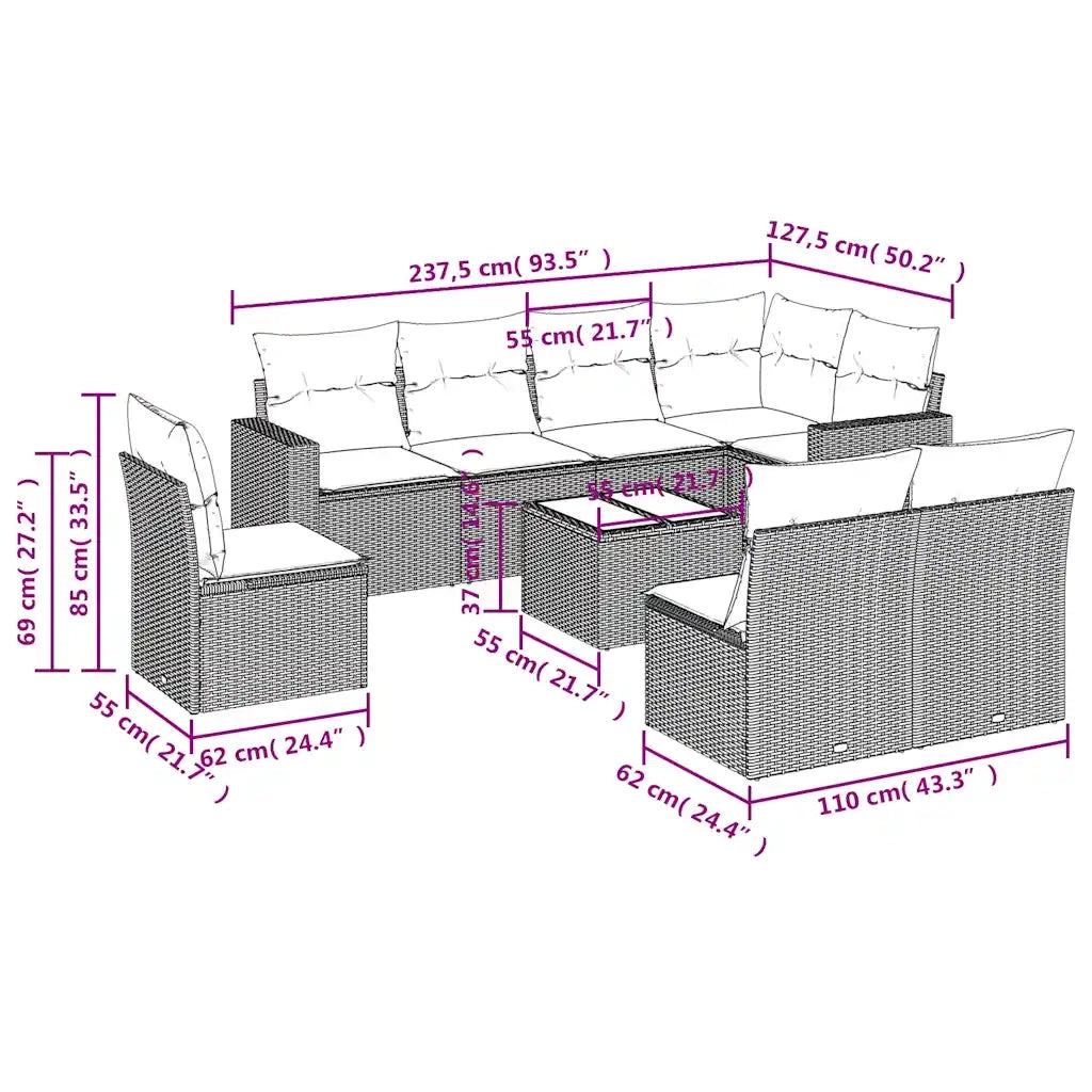 Set Divani da Giardino 9pz con Cuscini Marrone in Polyrattan 3219073