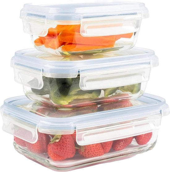 Contenitore a Vetro Rettilineo per Conservazione degli Alimenti con Coperchio - Contenitore a Vetro Spazievitore per Conservazione degli Alimenti per Microonde e Congelatore - Set di 3 Scatole per Pranzo con Coperchio per Microonde con Coperchio