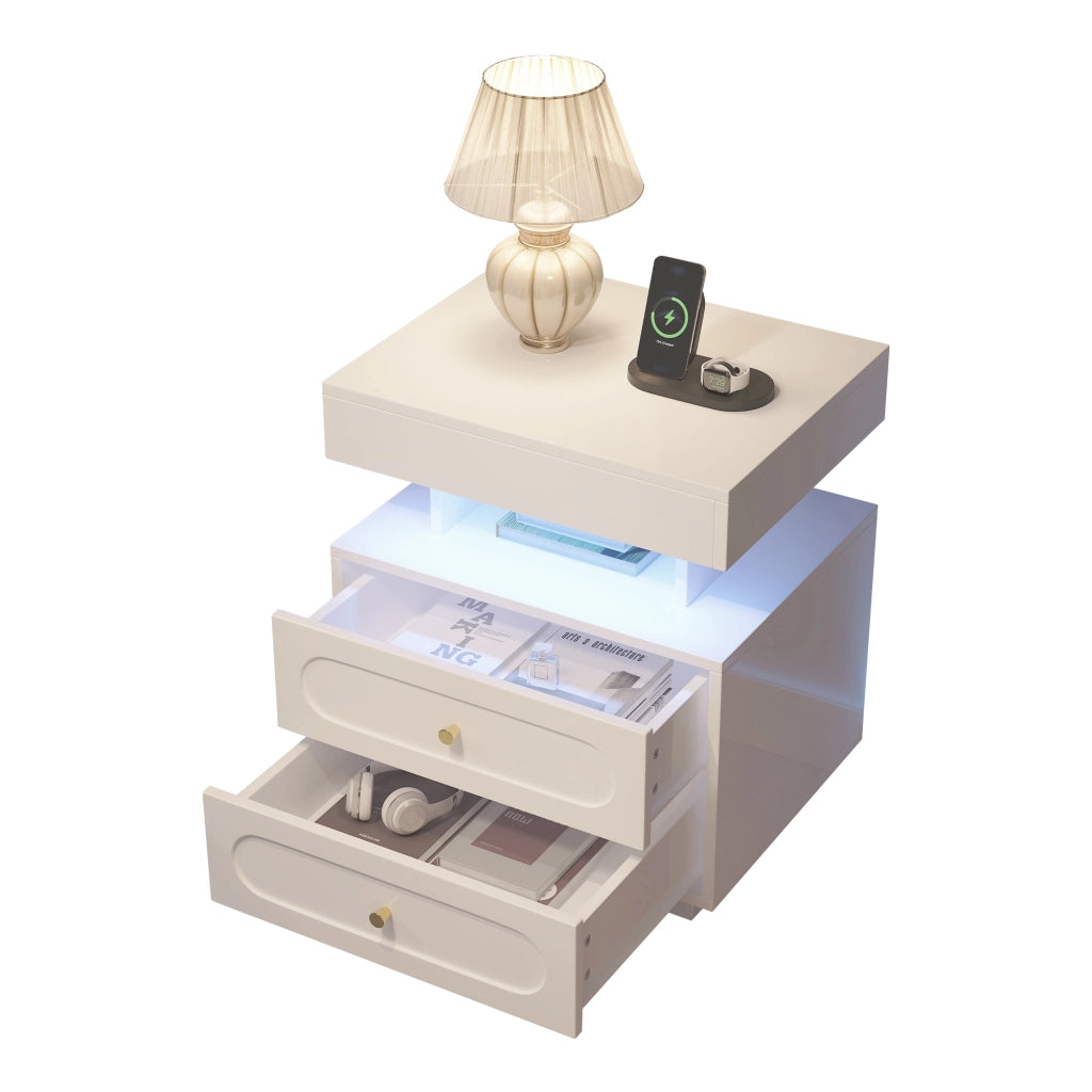 Comodino con LED e 2 Cassetti ¨C MINIMAL ¨C Bianco 50x40x60 cm