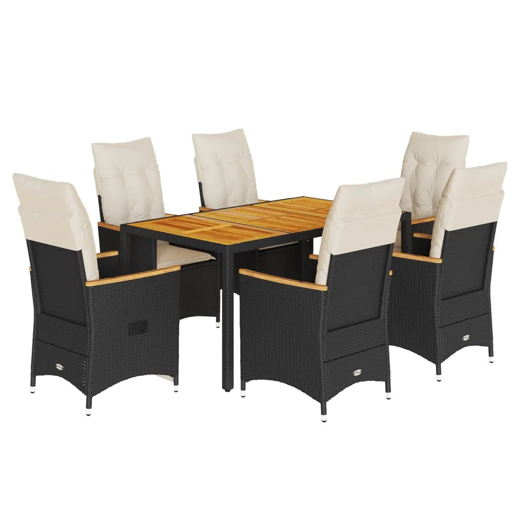 Set da Pranzo da Giardino 7 pz Nero con Cuscini in Polyrattan