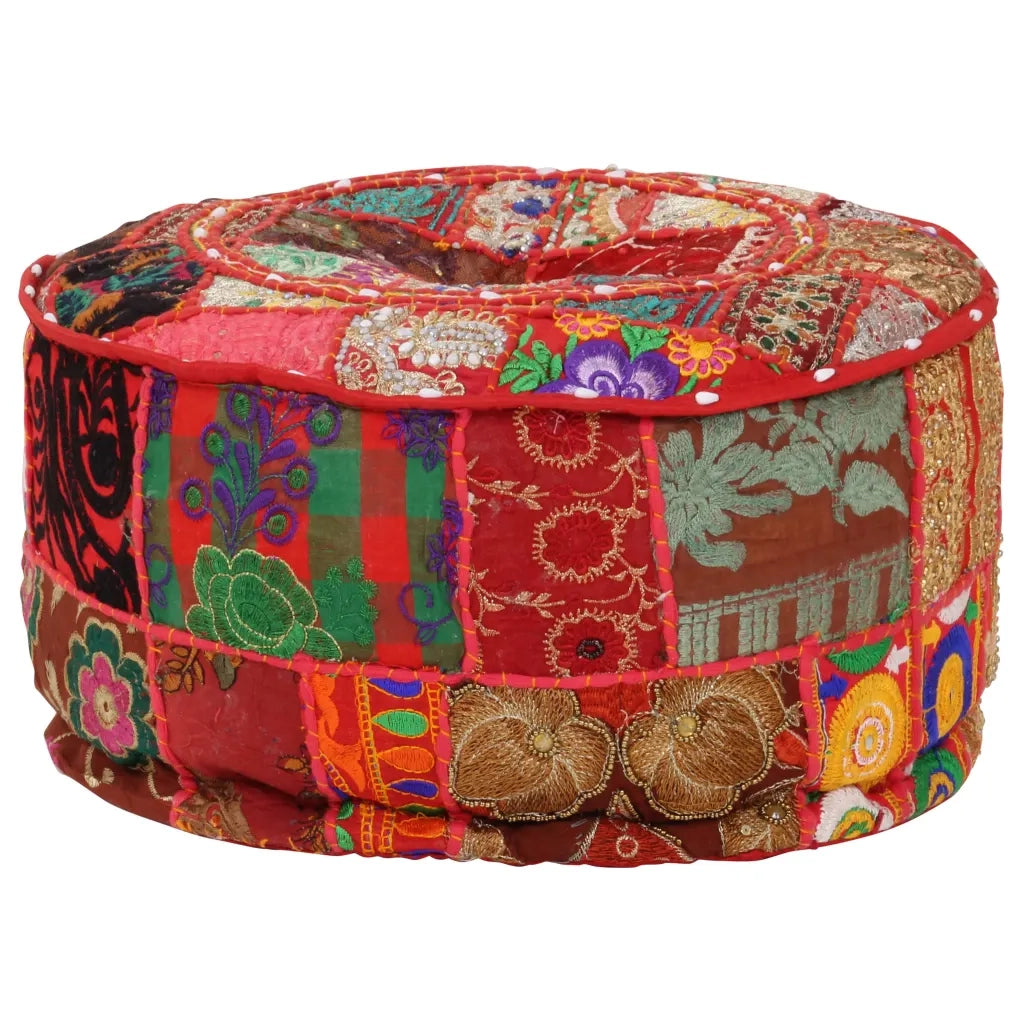 Pouf Patchwork Rotondo Fatto a Mano in Cotone 40x20 cm Rosso 246571