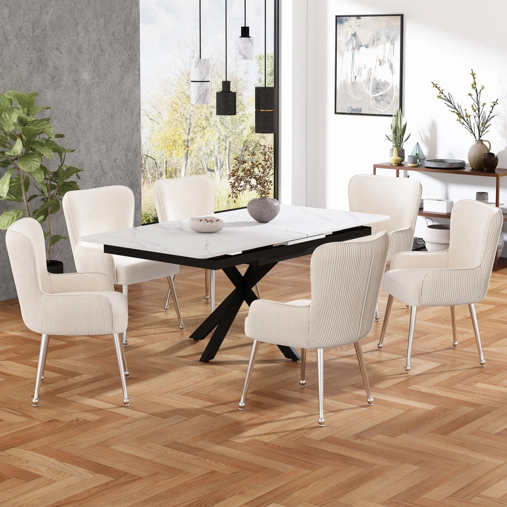 Sedia da pranzo in velluto set 6 pezzi con braccioli supporto lombare e gambe metalliche beige