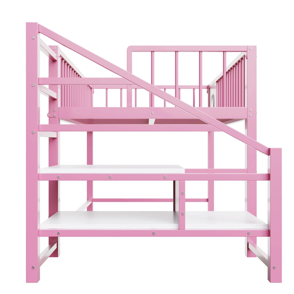 Letto basso per bambini rosa 90 x 200 cm; struttura metallica robusta; scala con riposticulo; per bambini e adolescenti