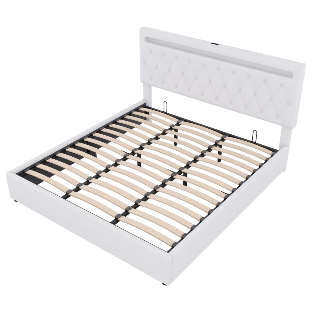 Letto doppio imbottito 180x200cm con ripostiglio; USB e Tipo C in bianco