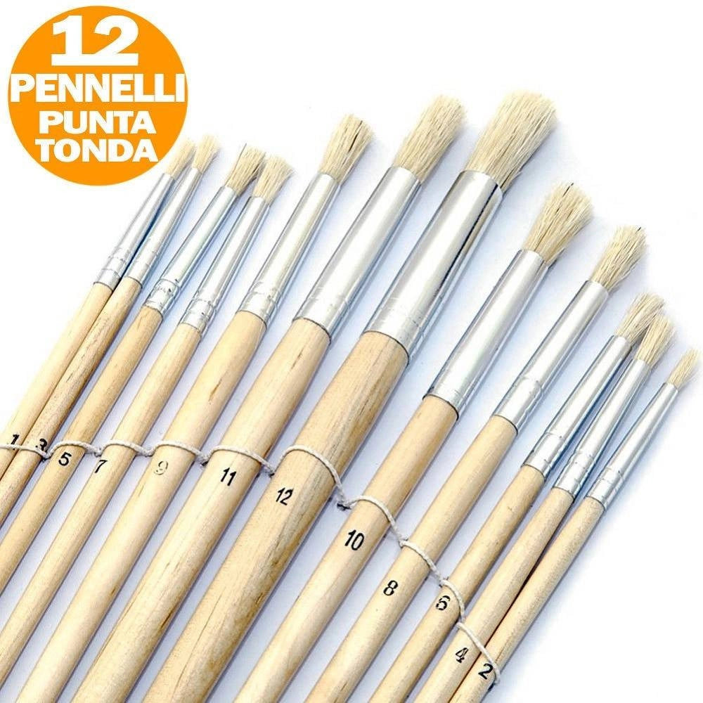 Trade Shop - Set 12 Pennelli Pennello Punta Tonda Manico Legno Lungo Pittura Arte Decoupage -