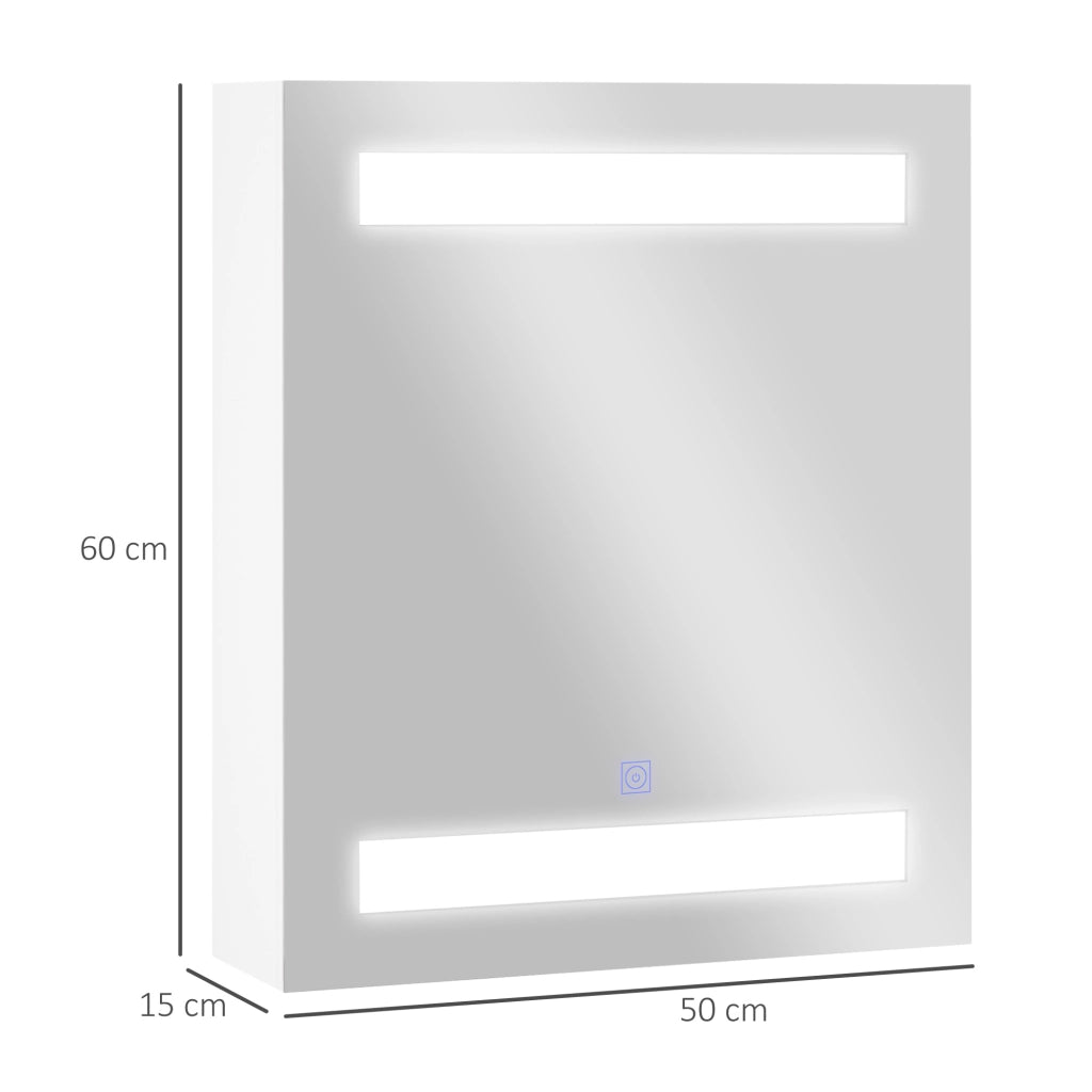 Pensile da Bagno con Specchio e LED ¨C Xylo ¨C 1 Anta, 2 Ripiani, MDF Bianco 60x50x15cm