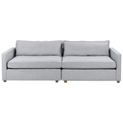 Divano in tessuto grigio 3 posti con braccioli e gambe in legno stile moderno
