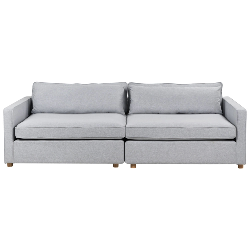 Divano in tessuto grigio 3 posti con braccioli e gambe in legno stile moderno