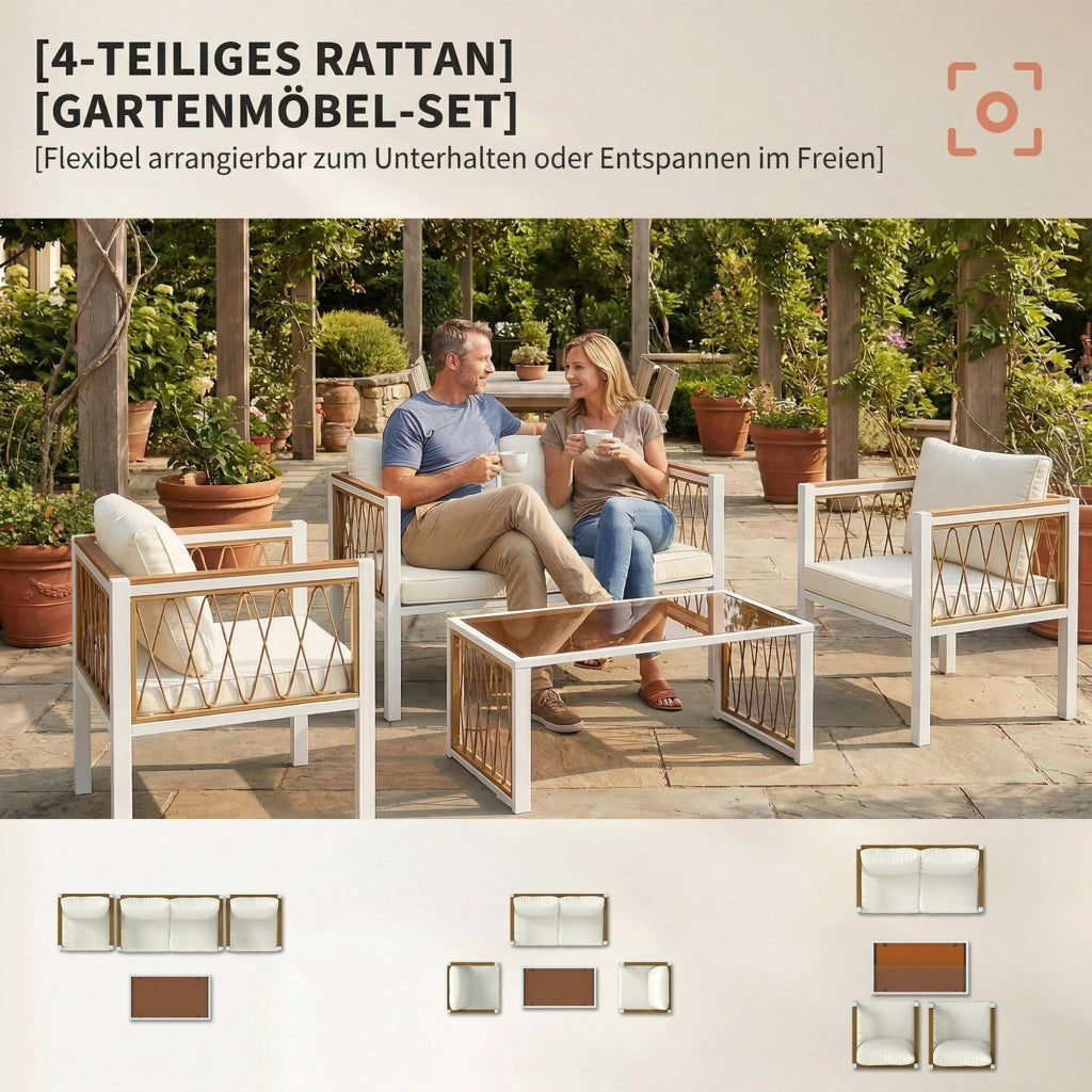 Set Lounge 4 Pezzi Polyrattan ¨C Minimal ¨C Grigio con Cuscini e Tavolino Vetro