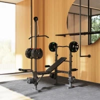 Panca Multifunzione con Supporto per Bilanciere, Supporto Gambe e Barra Superiore, Nero