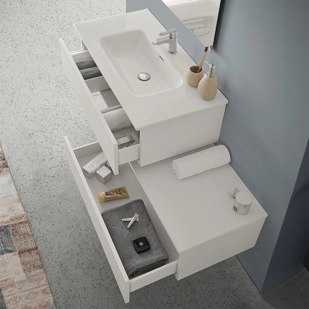 Mobile bagno sospeso 90 rovere bianco con lavabo e pensile Nadia