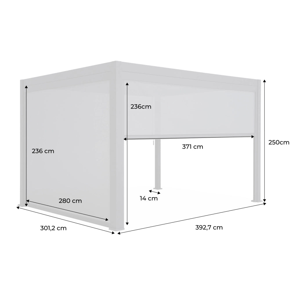 Pergola bioclimatica bianca + tenda 3m + tenda 4m