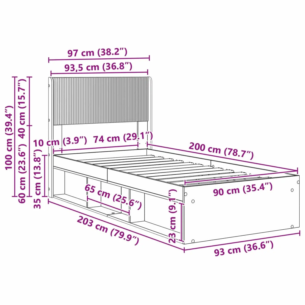 Letto singolo | Letto per adulti | Struttura del letto con stoccaggio e testata Rovere Fumo