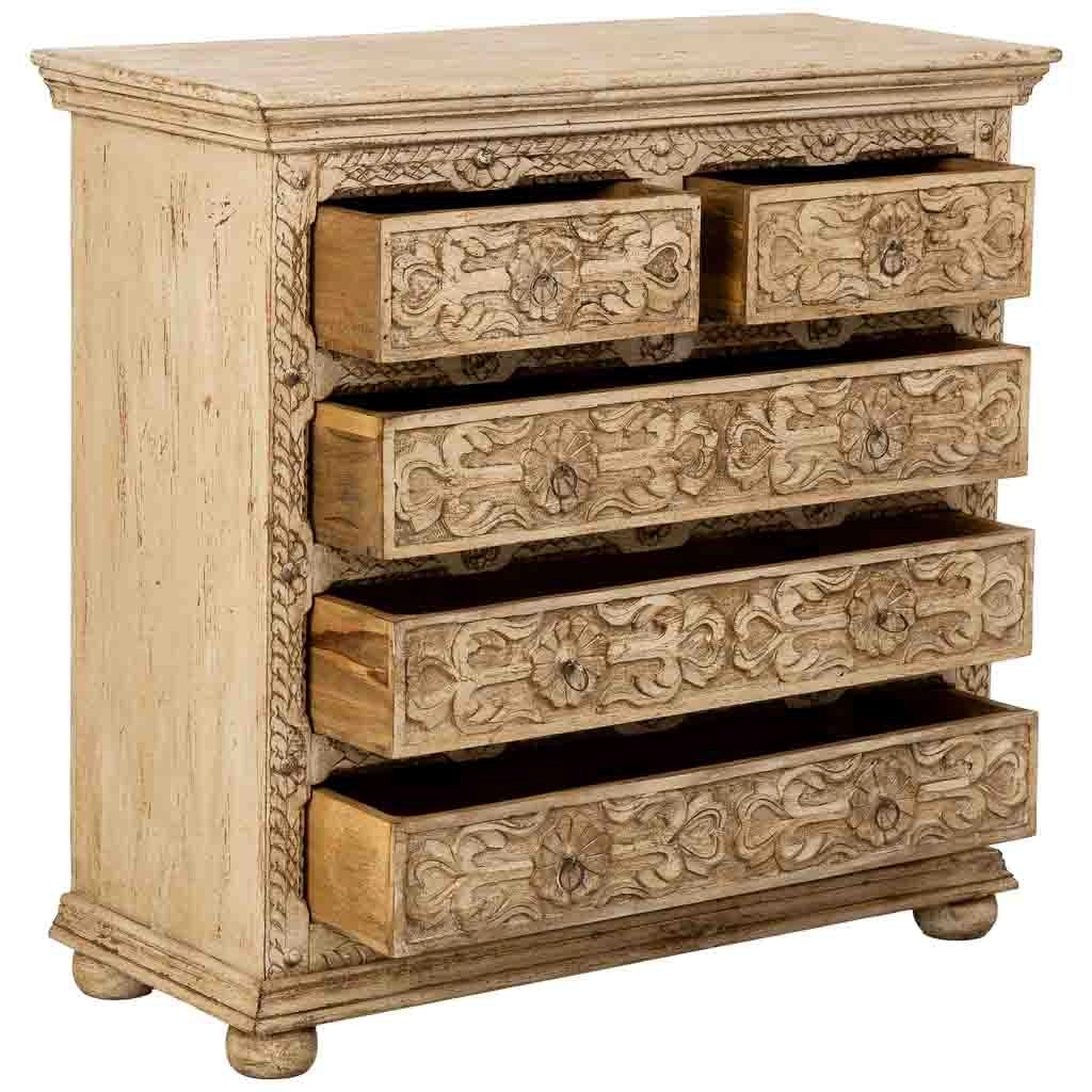 Cómoda de madera artesanal con 5 cajones blanca 100x43x95h cm
