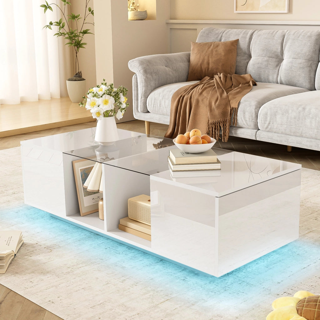 Tavolino da salotto moderno con illuminazione LED - Zephmum- 120 x 50 x 38,5 cm- Bianco- Piano lucido