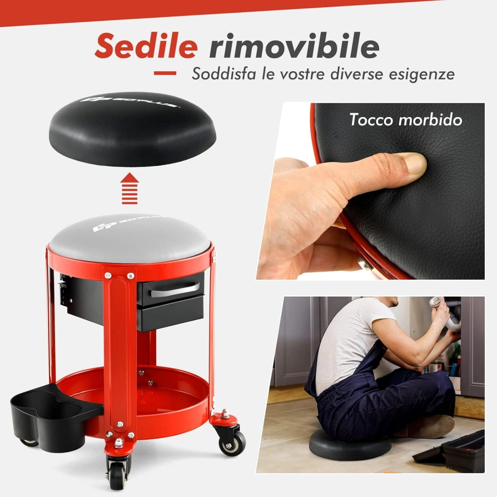 COSTWAY Sgabello da Officina, Sgabello Meccanico Rotante con 2 Cassetti, Ripiano, Vassoio, Ruote, 150 kg di capacità, per Garage, Officina
