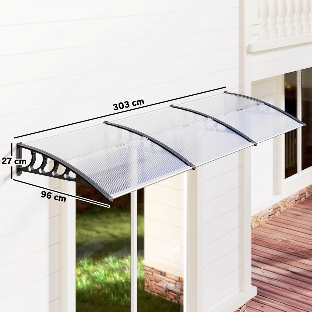 Tettoia per Balcone in Policarbonato e Alluminio ¨C Minimal ¨C 303x96x27 cm, Nera e Trasparente