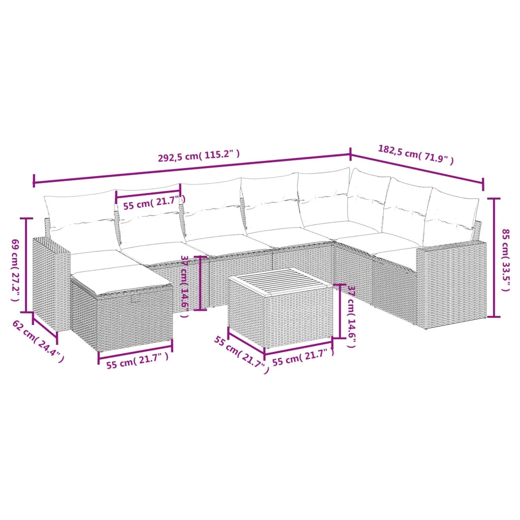 Set Divani da Giardino 9 pz con Cuscini Nero in Polyrattan 3264871