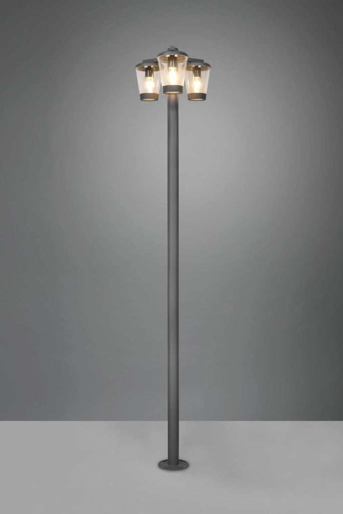 CAVADO PALO ALTO DA ESTERNO ANTRACITE CON 3 DIFFUSORI TRASPARENTI IP44 H. 220CM 3 LUCI ATTACCO E27